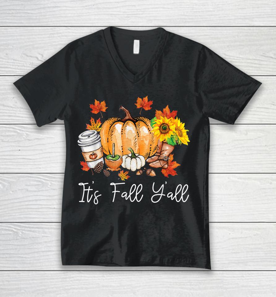 It's Fall Yall Pumpkin Leopard Halloween Autumn Thanksgiving Unisex V-Neck T-Shirt