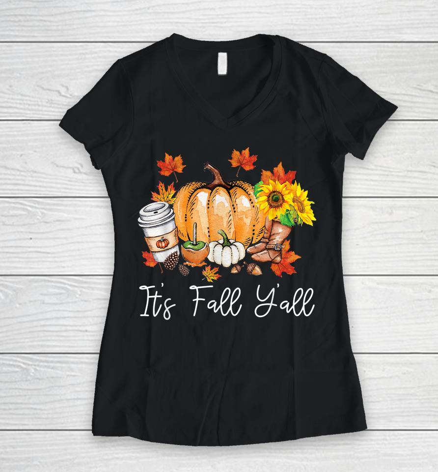 It's Fall Yall Pumpkin Leopard Halloween Autumn Thanksgiving Women V-Neck T-Shirt