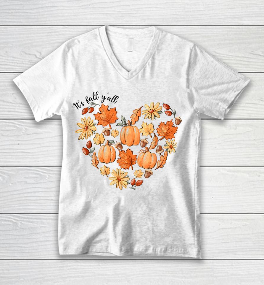 It's Fall Y'all Vintage Pumpkin Leaf Fall Autumn Heart Unisex V-Neck T-Shirt