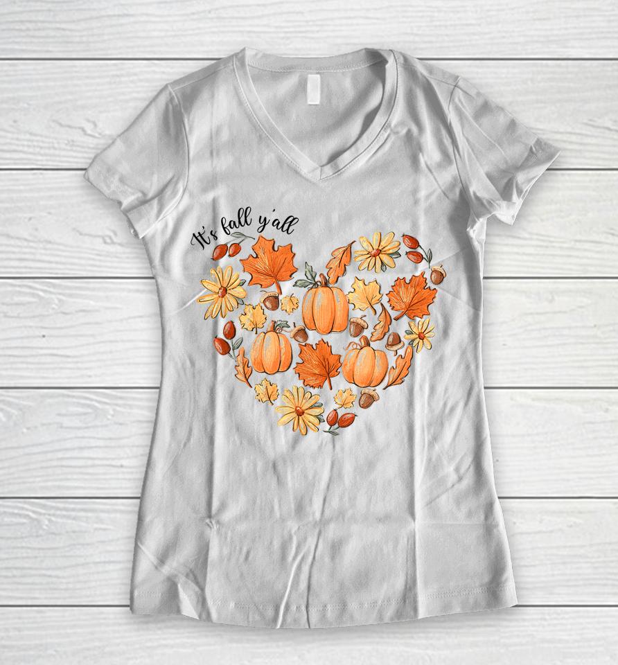 It's Fall Y'all Vintage Pumpkin Leaf Fall Autumn Heart Women V-Neck T-Shirt