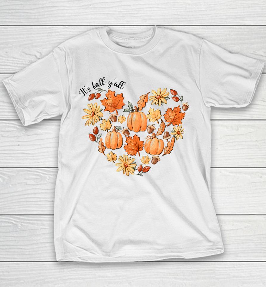 It's Fall Y'all Vintage Pumpkin Leaf Fall Autumn Heart Youth T-Shirt