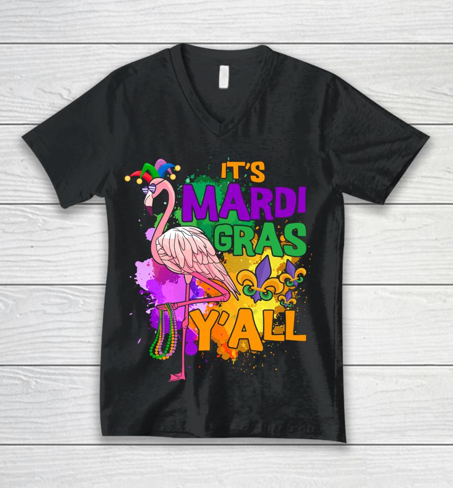 It's Mardi Gras Y'all Flamingo Unisex V-Neck T-Shirt