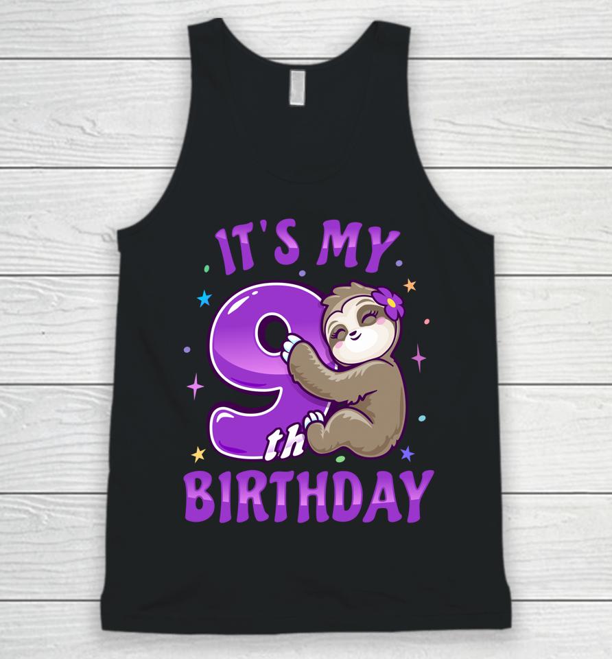 It's My 9Th Birthday Purple Sloth Girl Nine Bday Theme Party Unisex Tank Top