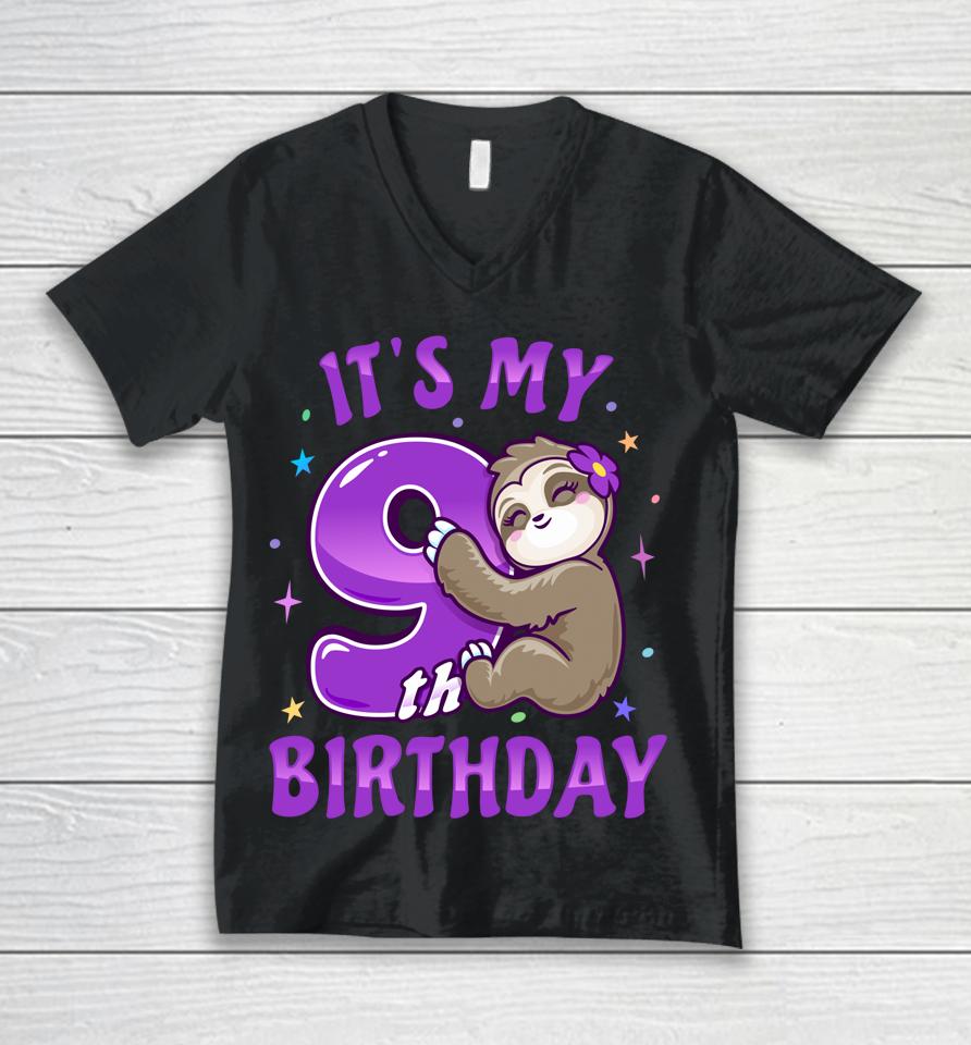 It's My 9Th Birthday Purple Sloth Girl Nine Bday Theme Party Unisex V-Neck T-Shirt
