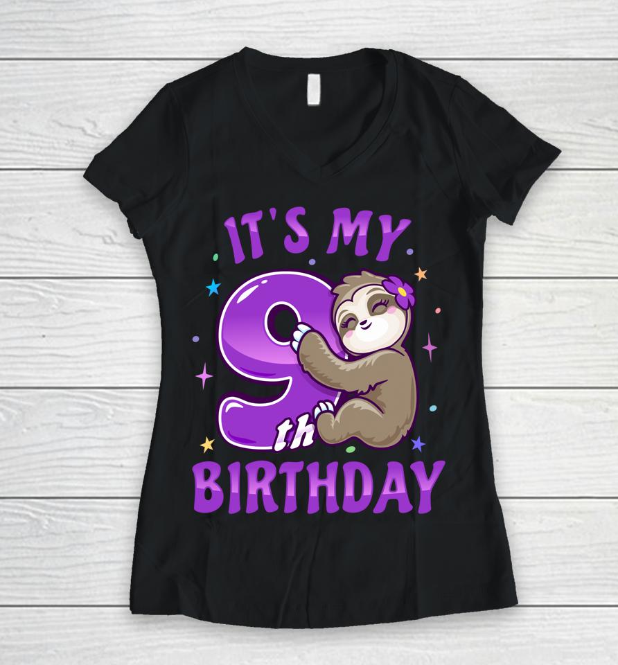 It's My 9Th Birthday Purple Sloth Girl Nine Bday Theme Party Women V-Neck T-Shirt