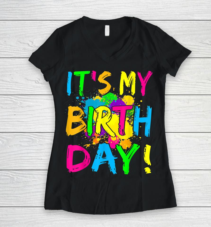 It's My Birthday Boy Girl Let's Glow Retro 80'S Party Outfit Women V-Neck T-Shirt