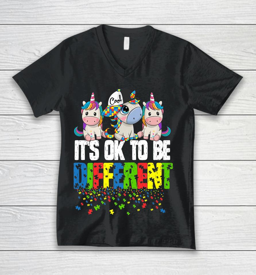It's Ok To Be Different Autism Awareness Day Unicorn Unisex V-Neck T-Shirt