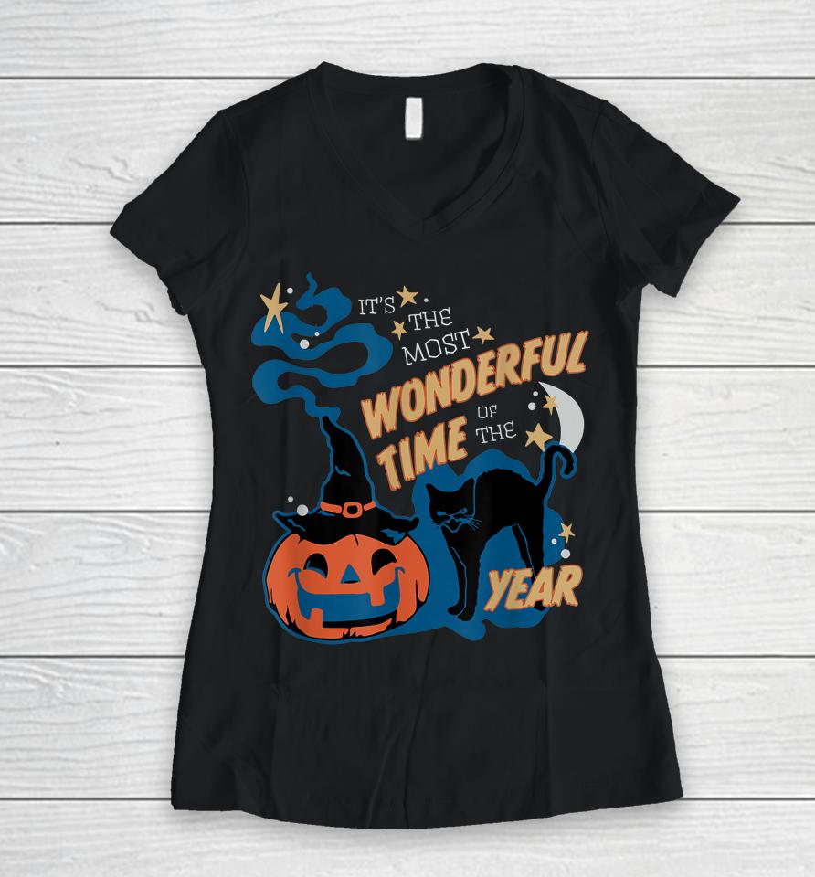 It's The Most Wonderful Time Of The Year Black Cat Halloween Women V-Neck T-Shirt