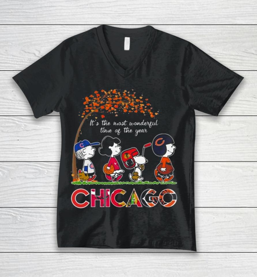 It’s The Most Wonderful Time Of The Years Chicago Bulls Bears Blackhawks Cubs 2023 Unisex V-Neck T-Shirt