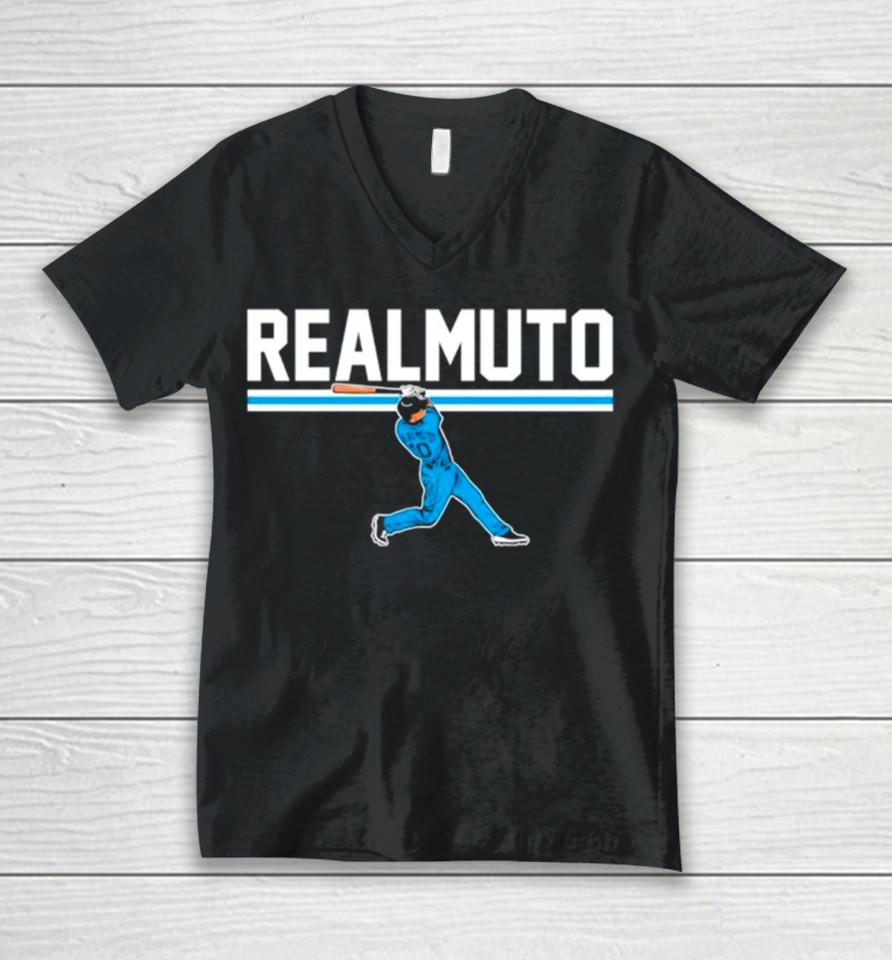 J T Realmuto Slugger Swing Philadelphia Phillies Baseball Unisex V-Neck T-Shirt