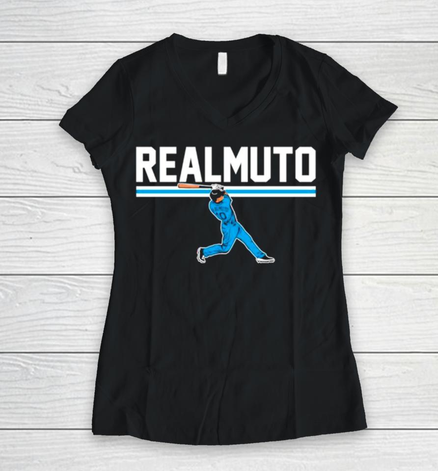 J T Realmuto Slugger Swing Philadelphia Phillies Baseball Women V-Neck T-Shirt