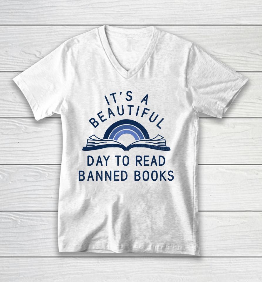 Jack Hopkins Wearing It's A Beautiful Day To Read Banned Books Unisex V-Neck T-Shirt