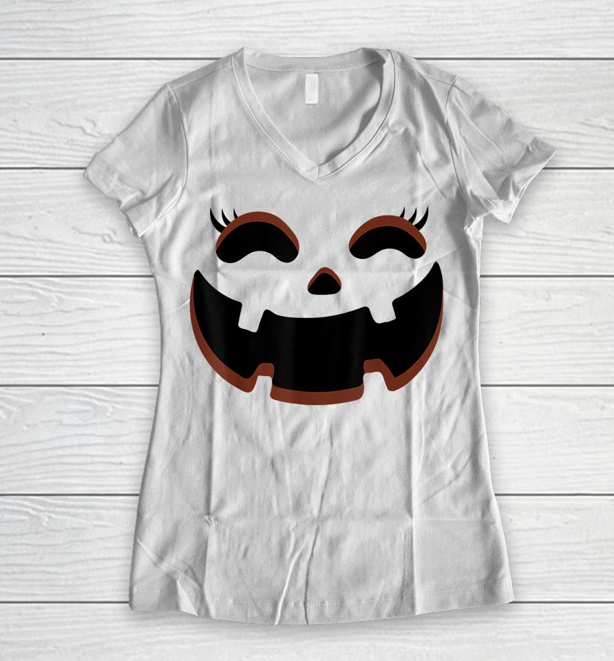 Jack O Lantern Face Pumpkin Eyelashes Hallowen Women V-Neck T-Shirt