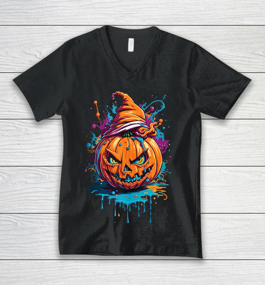 Jack O Lantern Face Pumpkin Scary Halloween Unisex V-Neck T-Shirt