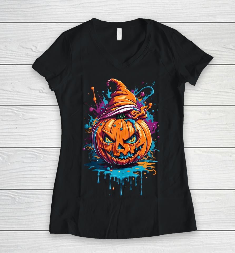 Jack O Lantern Face Pumpkin Scary Halloween Women V-Neck T-Shirt