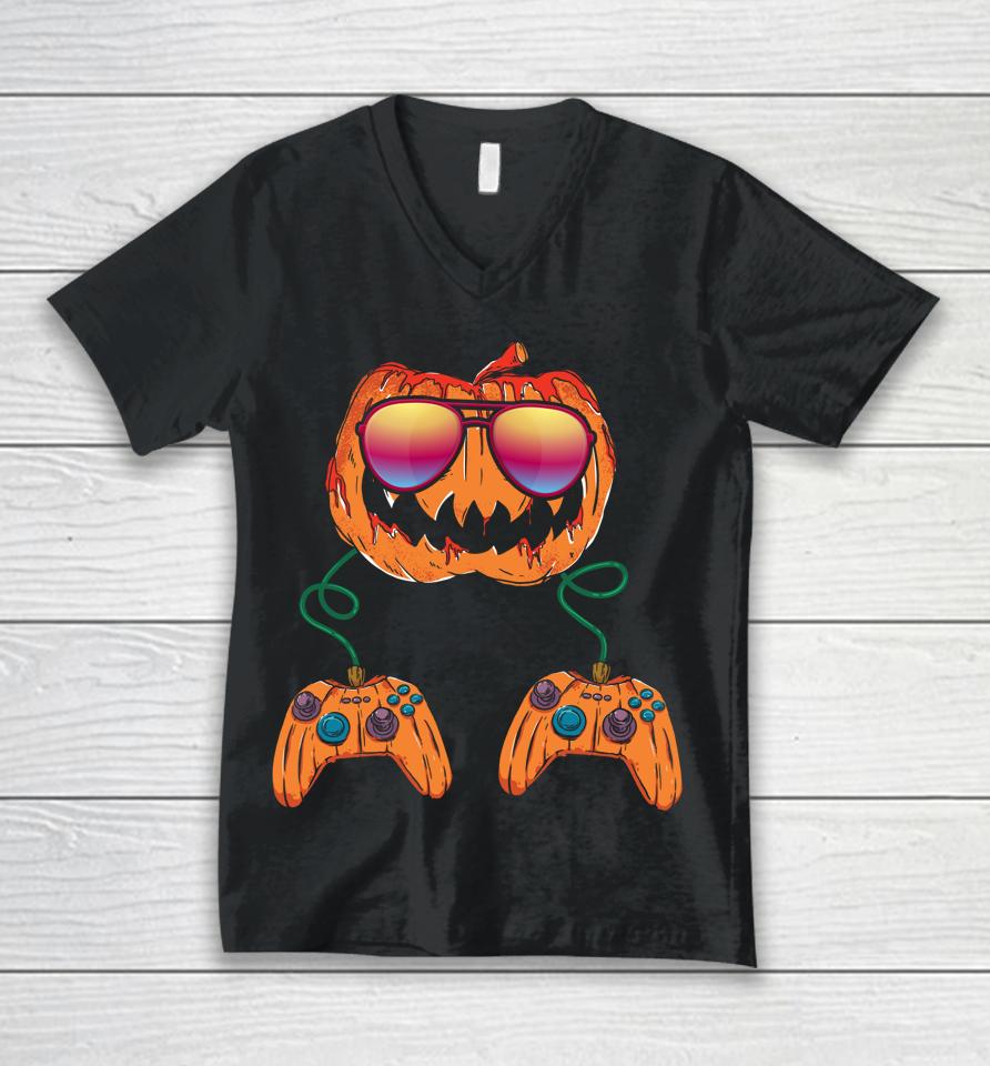 Jack O Lantern Gamer Halloween Unisex V-Neck T-Shirt
