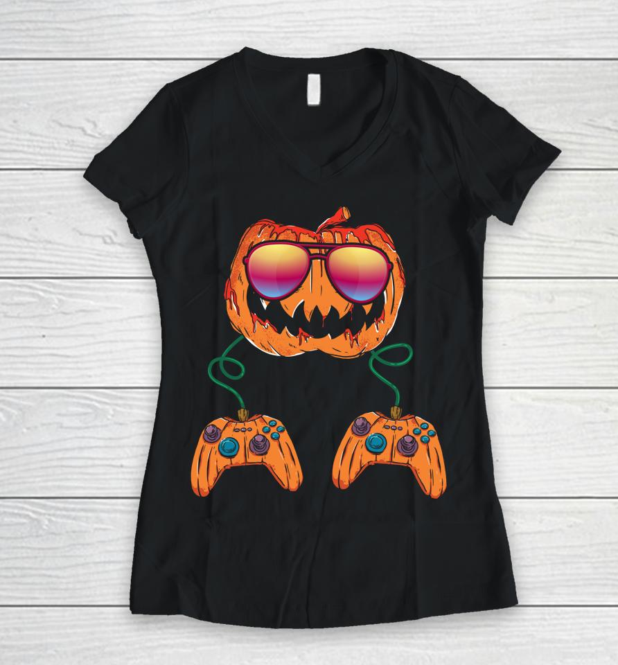 Jack O Lantern Gamer Halloween Women V-Neck T-Shirt