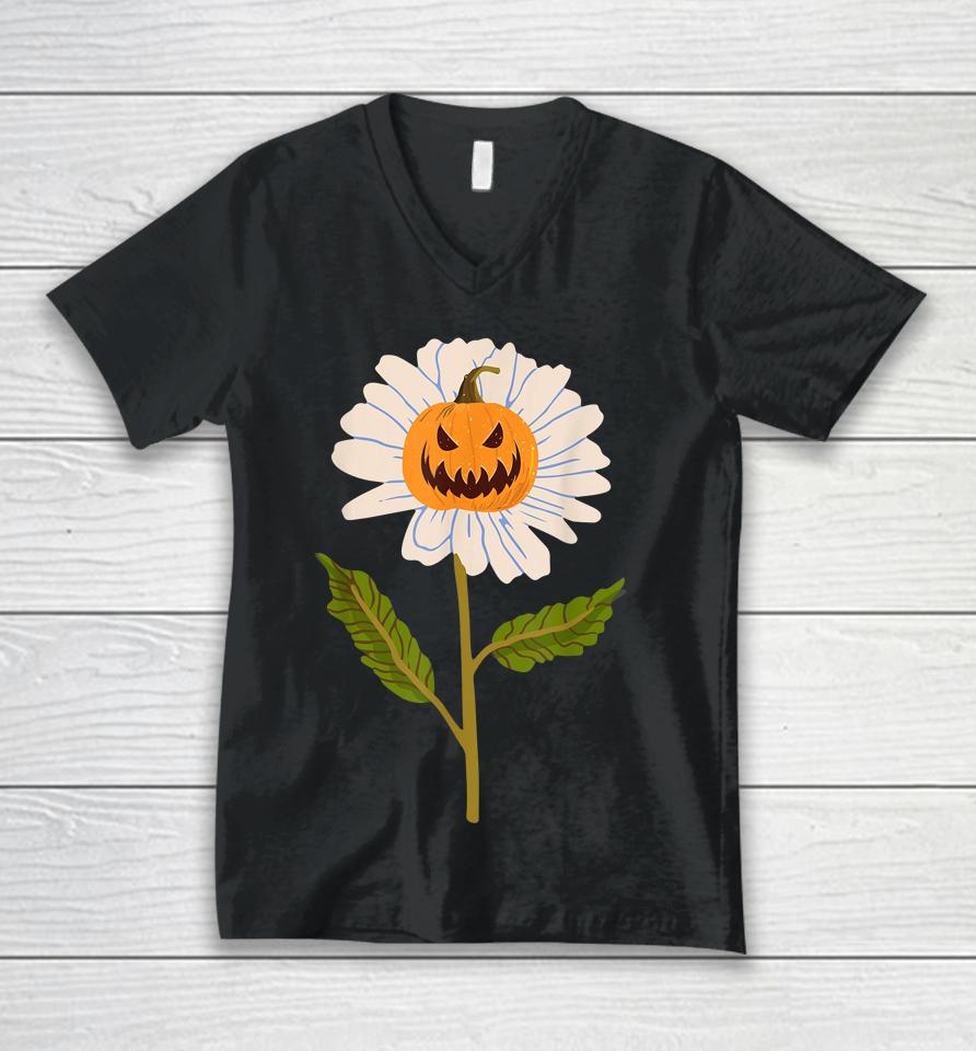 Jack O Lantern Halloween Pumpkin Daisy Flower Unisex V-Neck T-Shirt