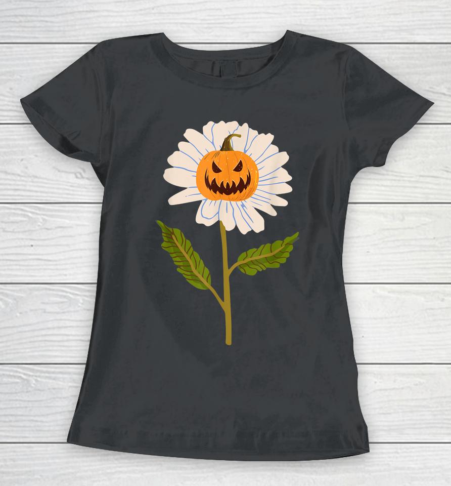 Jack O Lantern Halloween Pumpkin Daisy Flower Women T-Shirt