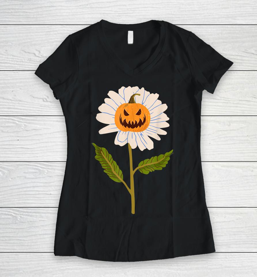Jack O Lantern Halloween Pumpkin Daisy Flower Women V-Neck T-Shirt