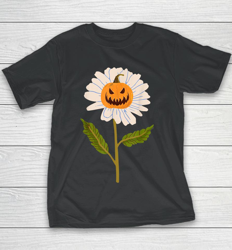 Jack O Lantern Halloween Pumpkin Daisy Flower Youth T-Shirt