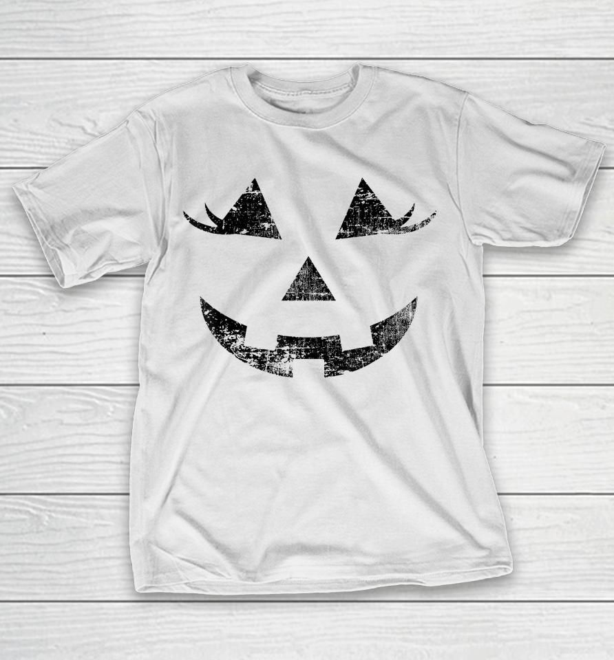 Jack O Lantern Pumpkin Eyelashes Face Vintage Halloween T-Shirt