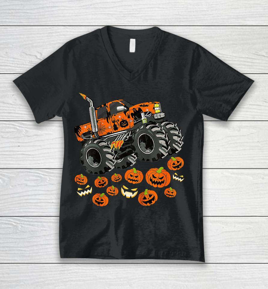 Jack O Lantern Pumpkin Monster Truck Halloween Unisex V-Neck T-Shirt