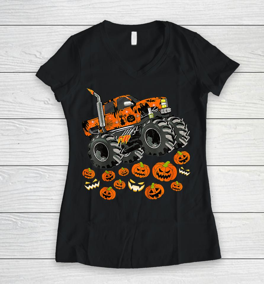 Jack O Lantern Pumpkin Monster Truck Halloween Women V-Neck T-Shirt