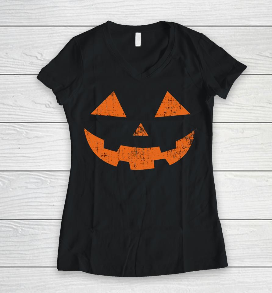 Jack O Lantern Scary Halloween Pumpkin Face Women V-Neck T-Shirt