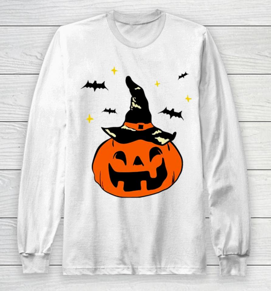 Jack O’ Lantern Witches Hat And Bats Long Sleeve T-Shirt