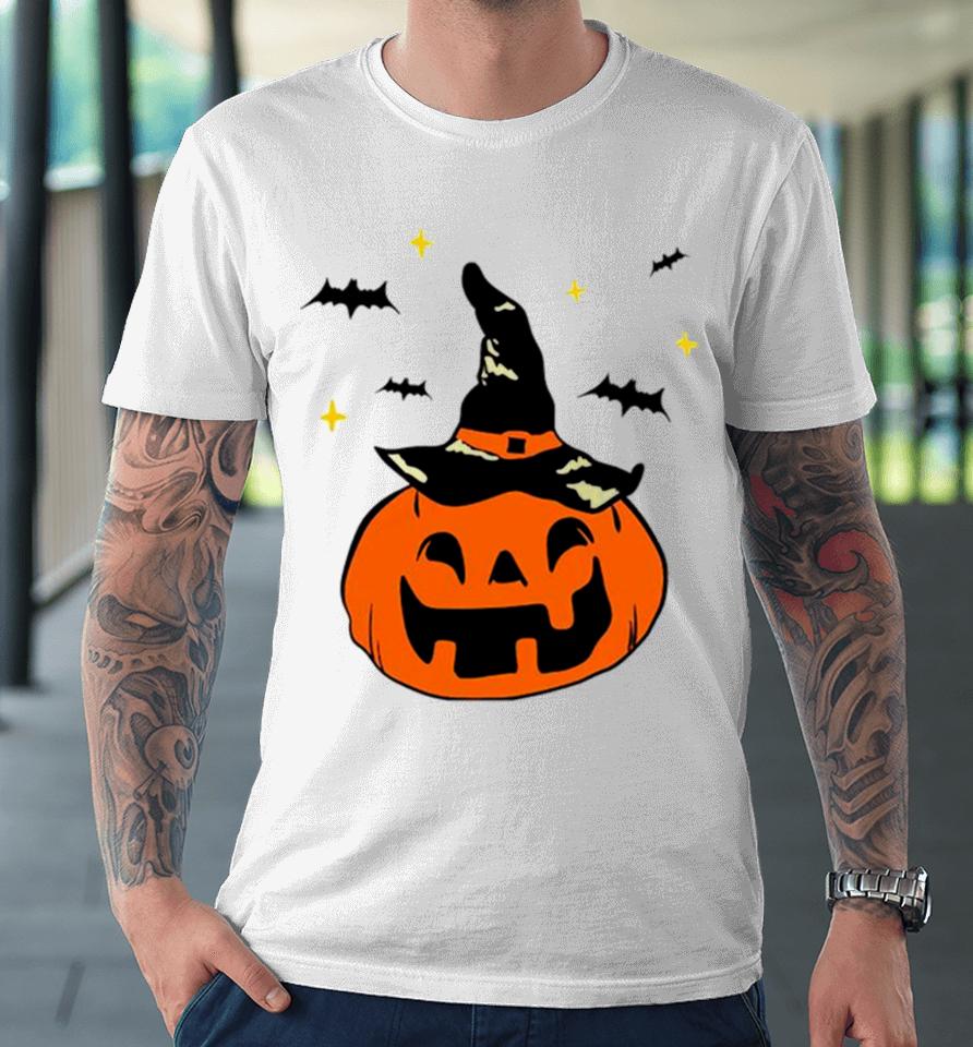 Jack O’ Lantern Witches Hat And Bats Premium T-Shirt