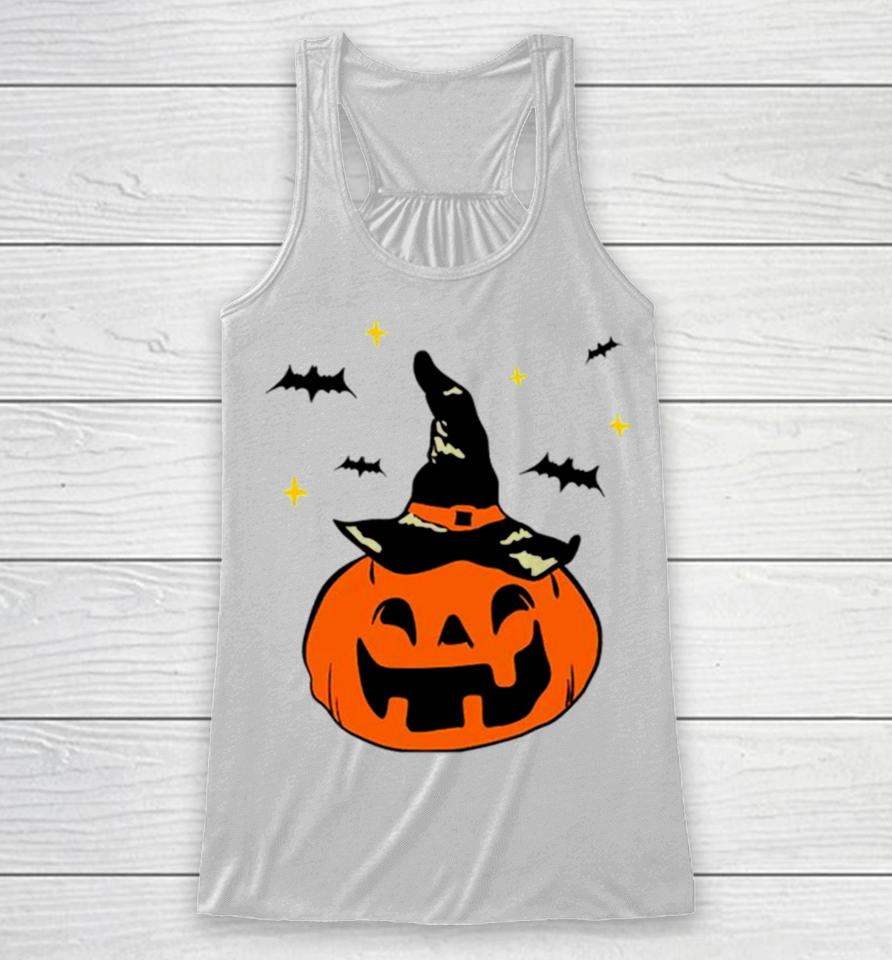 Jack O’ Lantern Witches Hat And Bats Racerback Tank