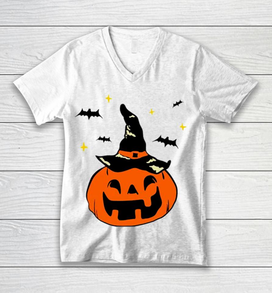 Jack O’ Lantern Witches Hat And Bats Unisex V-Neck T-Shirt