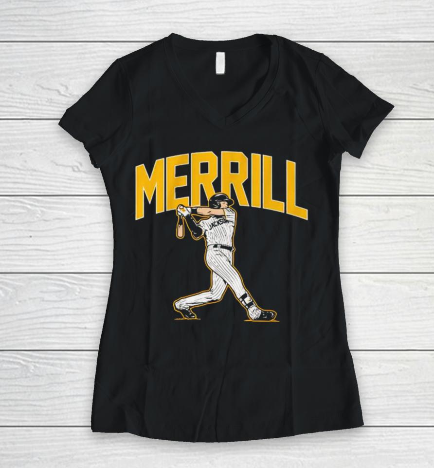 Jackson Merrill San Diego Padres Slugger Swing Women V-Neck T-Shirt