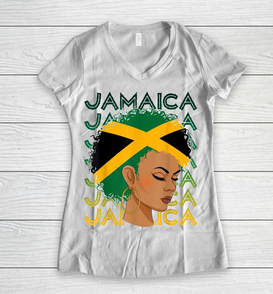 Jamaican Black Girls Jamaica Flag Hair Womens Woman Women V-Neck T-Shirt