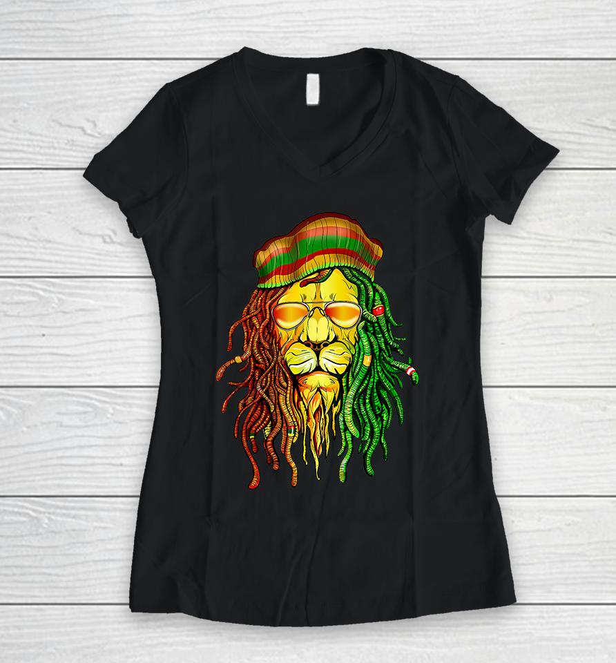 Jamaican Lion Reggae Music Women V-Neck T-Shirt
