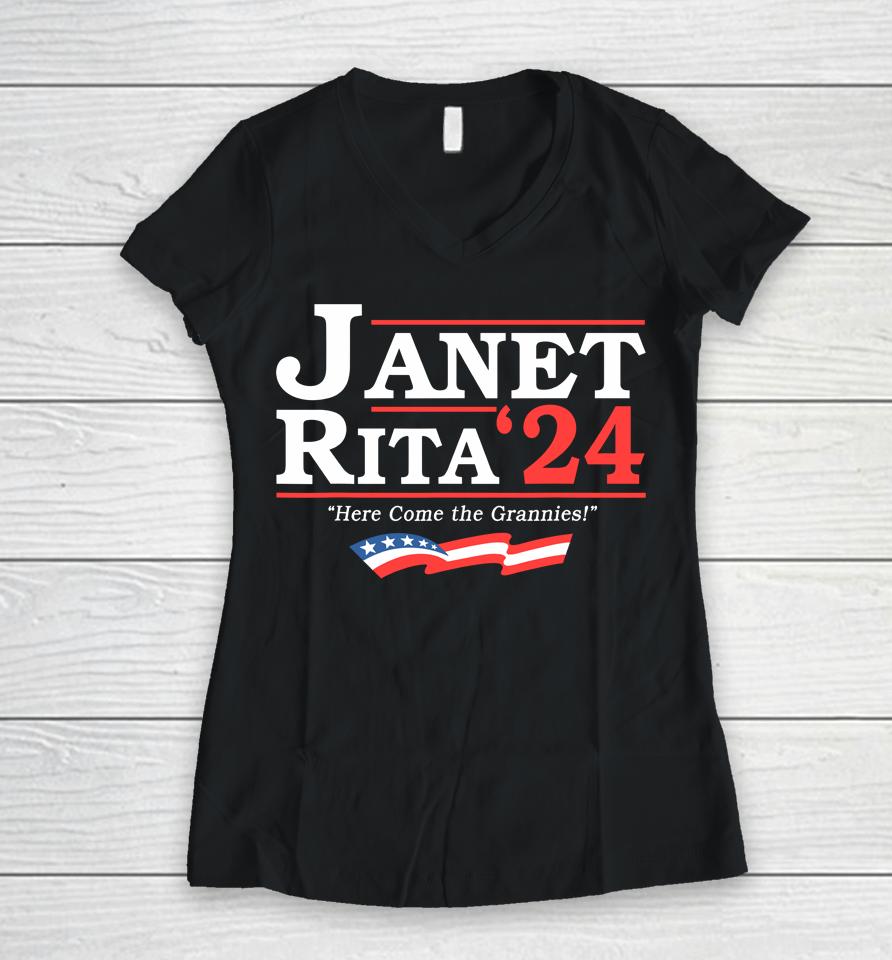 Janet And Rita 2024 Here Come The Grannies Women V-Neck T-Shirt