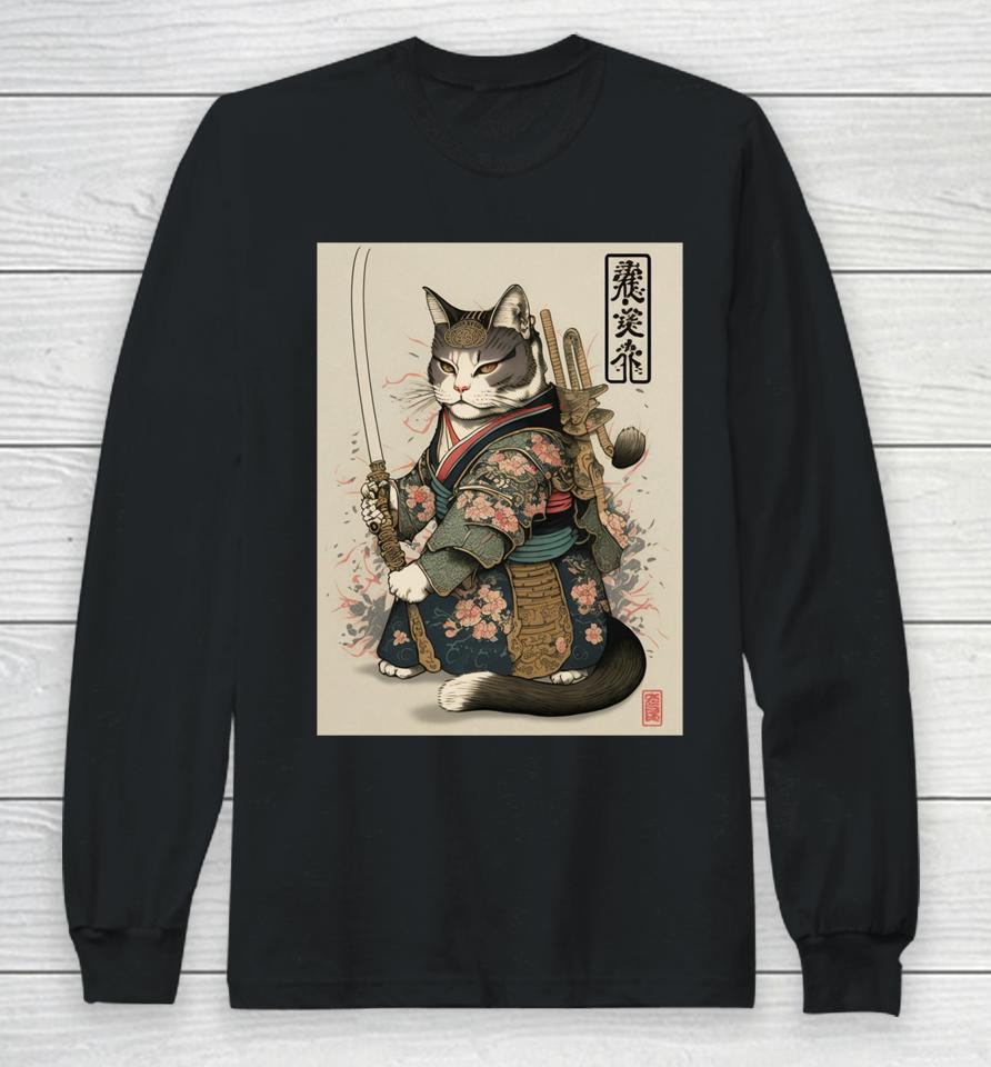 Japanese Art Cat Ninja Ukiyo-E Anime Style Samurai Cat Long Sleeve T-Shirt