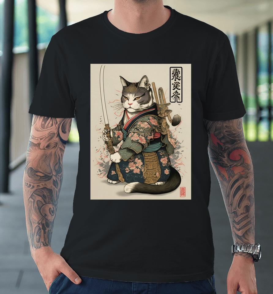 Japanese Art Cat Ninja Ukiyo-E Anime Style Samurai Cat Premium T-Shirt