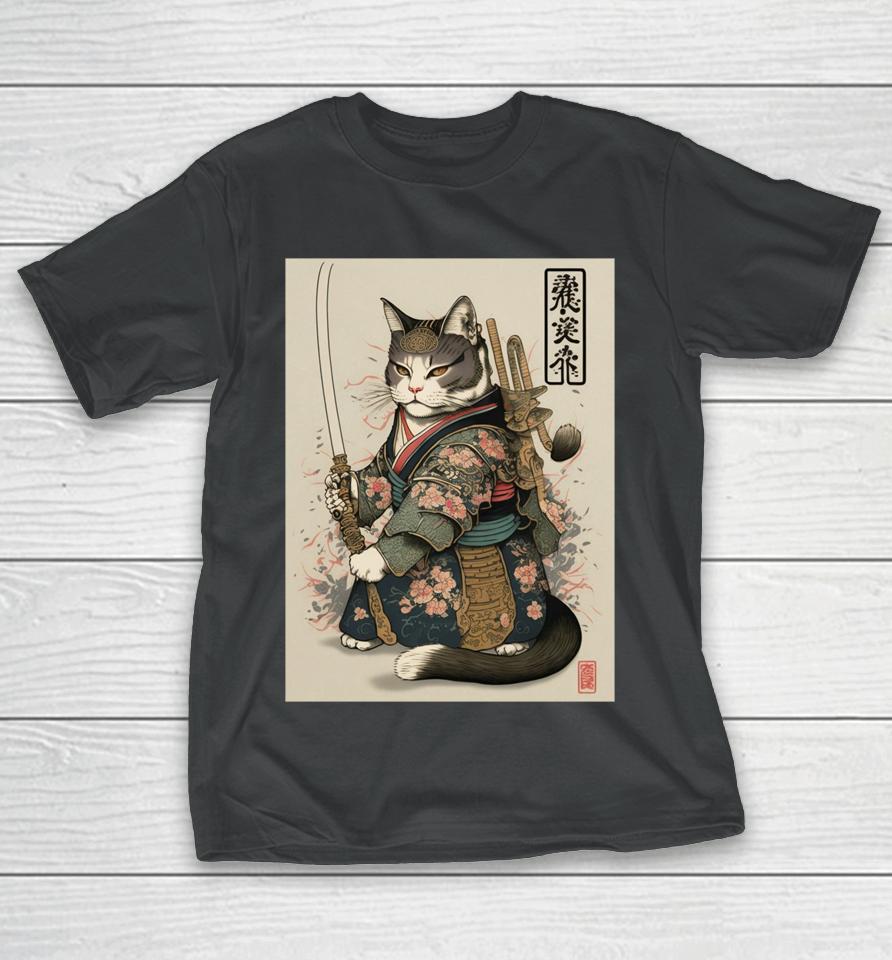 Japanese Art Cat Ninja Ukiyo-E Anime Style Samurai Cat T-Shirt