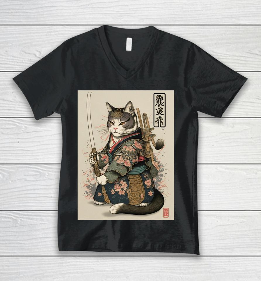 Japanese Art Cat Ninja Ukiyo-E Anime Style Samurai Cat Unisex V-Neck T-Shirt