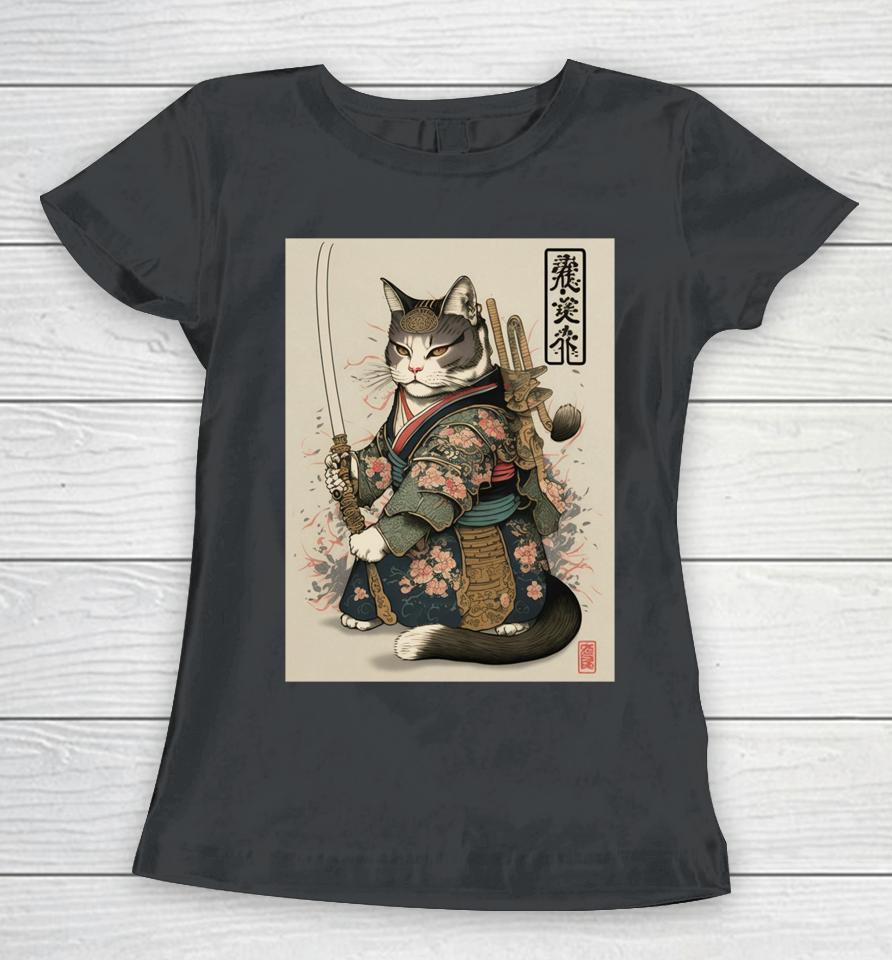 Japanese Art Cat Ninja Ukiyo-E Anime Style Samurai Cat Women T-Shirt