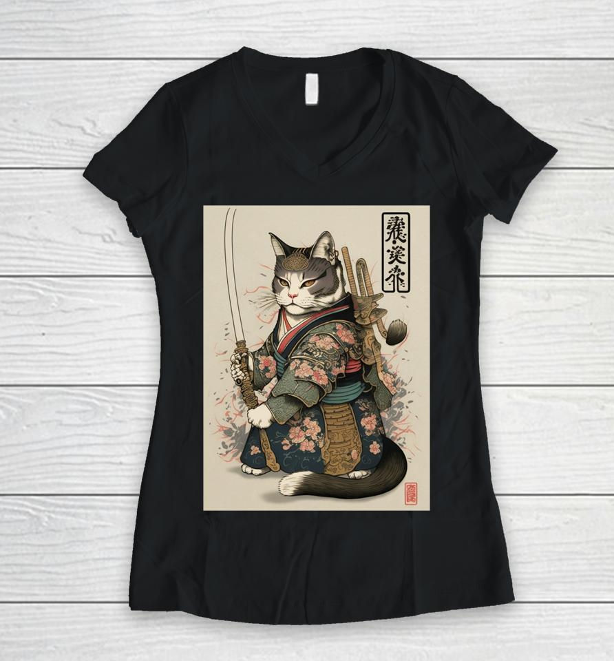 Japanese Art Cat Ninja Ukiyo-E Anime Style Samurai Cat Women V-Neck T-Shirt