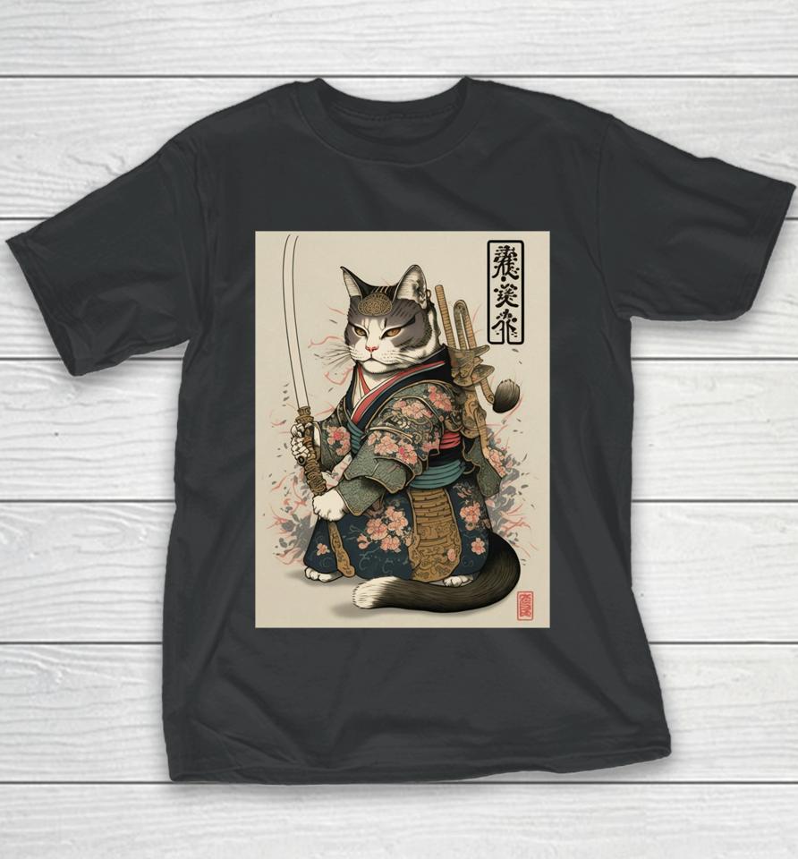 Japanese Art Cat Ninja Ukiyo-E Anime Style Samurai Cat Youth T-Shirt