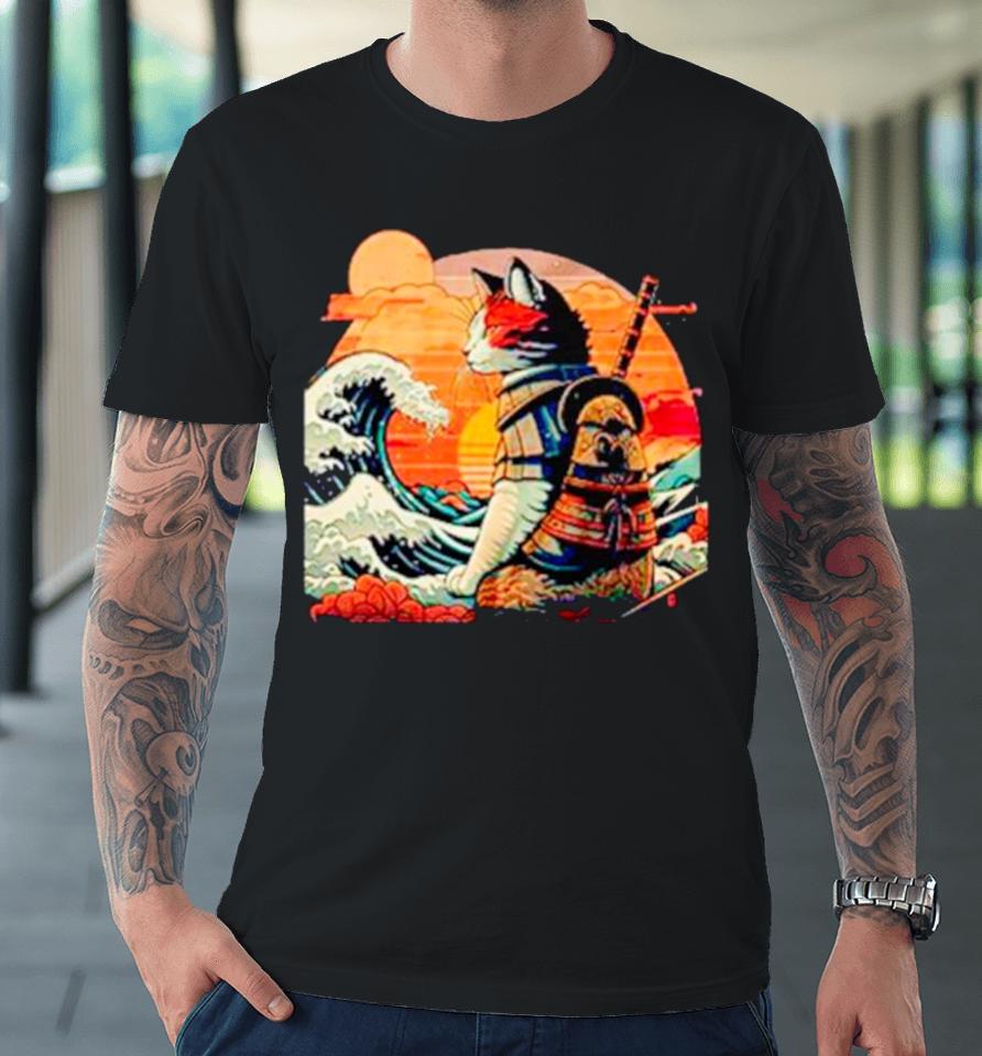 Japanese Retro Samurai Cat The Great Wave Premium T-Shirt