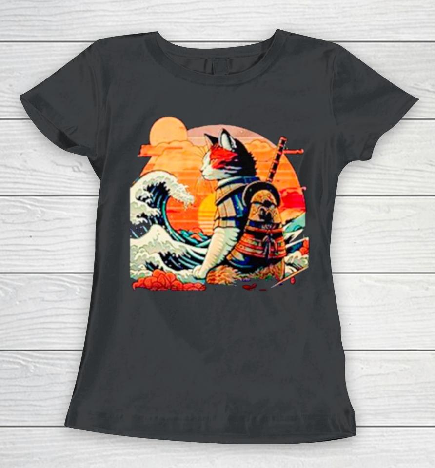 Japanese Retro Samurai Cat The Great Wave Women T-Shirt