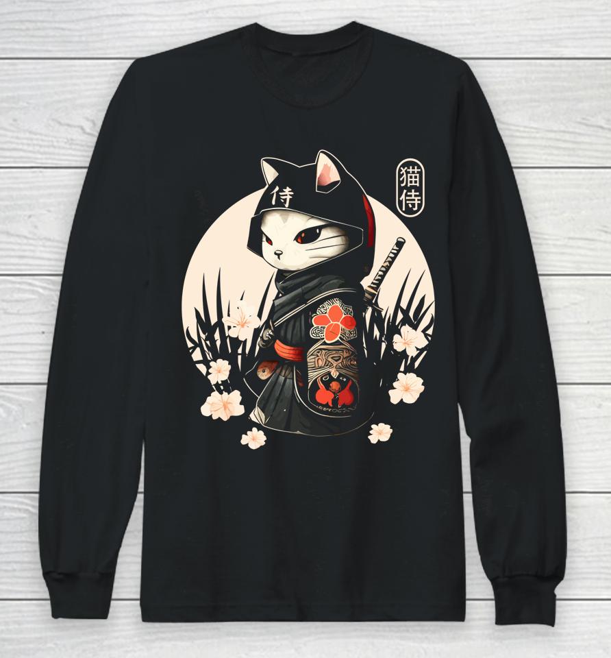 Japanese Samurai Cat Tattoo, Kawaii Ninja Cat Long Sleeve T-Shirt