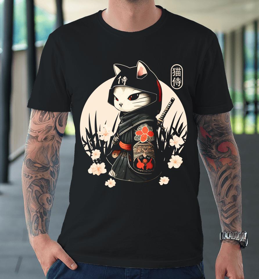 Japanese Samurai Cat Tattoo, Kawaii Ninja Cat Premium T-Shirt
