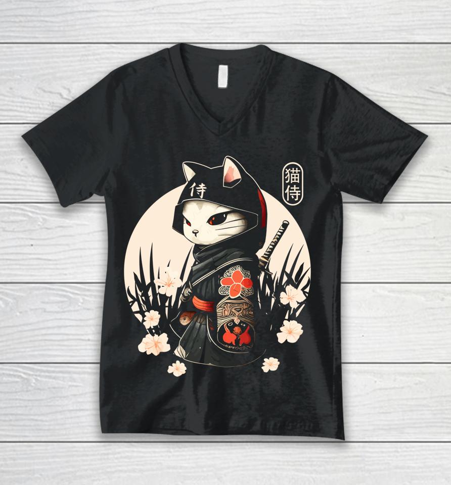 Japanese Samurai Cat Tattoo, Kawaii Ninja Cat Unisex V-Neck T-Shirt