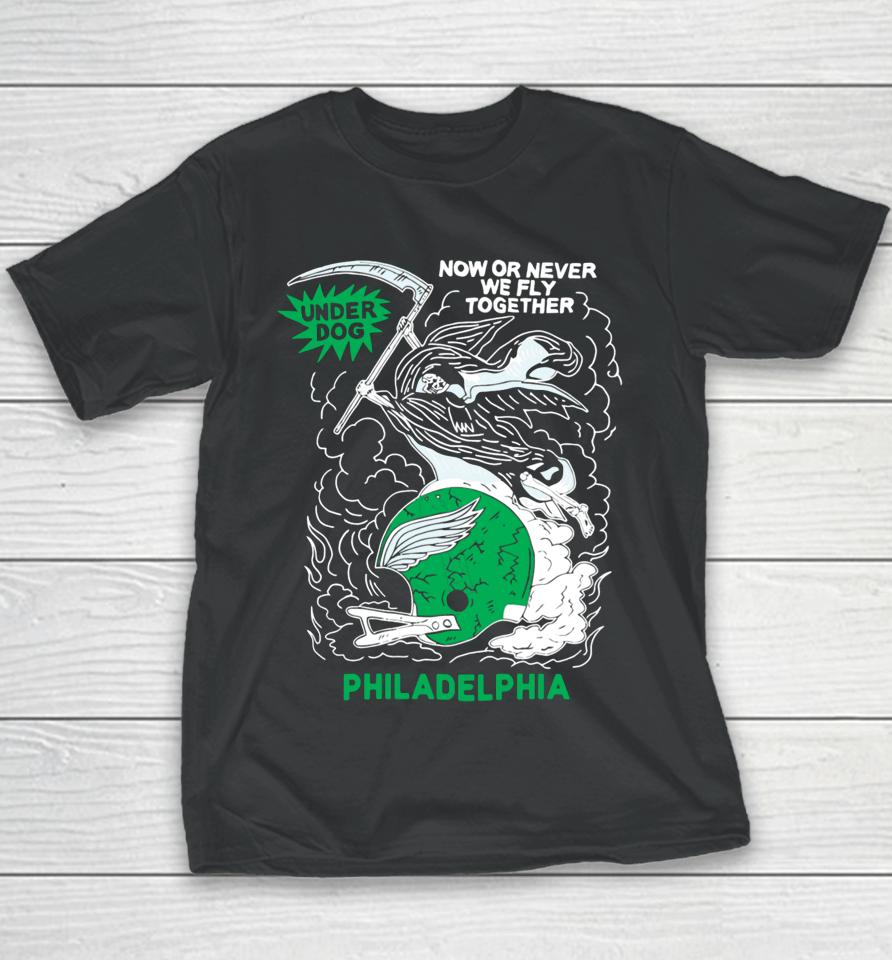 Jason Kelce Wearing Underdog Now Or Never We Fly Together Philadelphia Youth T-Shirt